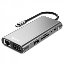 PcCom Essential HUB Docking 11 en 1 USB-C a 1x RJ45, 1x VGA, 1x HDMI 4K, 1x USB-C PD, 1x Audio Jack 3.5mm, 1x USB 3.0, 3x USB, 1x SD y TF Card Reader